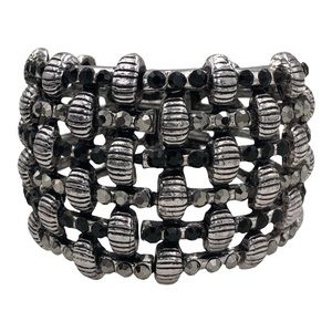 Black Grey Rhinestone Open Wide Abstract Hinged Bangle Bracelet